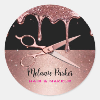 Sticker Rond Rose Gold Pailleté Drip Coiffeur & Ciseaux 