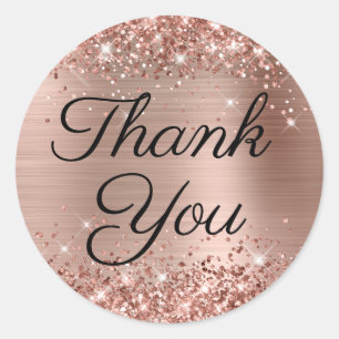 Sticker Rond Rose Gold Pailleté Élégant Calligraphie Merci