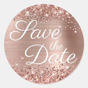 Sticker Rond Rose Gold Pailleté Élégant Enregistrer la Date