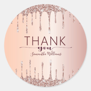 Sticker Rond Rose Gold Pailleté Élégant Merci avec Gouttes 