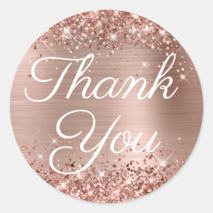 Sticker Rond Rose Gold Pailleté Élégante Calligraphie Merci