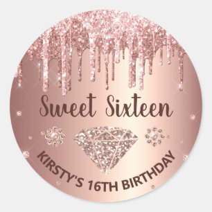 Sticker Rond Rose Gold Pailleté et Diamant Douce 16