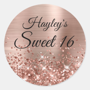 Sticker Rond Rose Gold Pailleté Faux Papier Aluminium Sweet 16