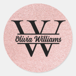 Sticker Rond Rose Gold Pailleté Monogramme Étincelle Moderne