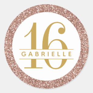 Sticker Rond Rose Gold Parties scintillant 16 Anniversaire Favo