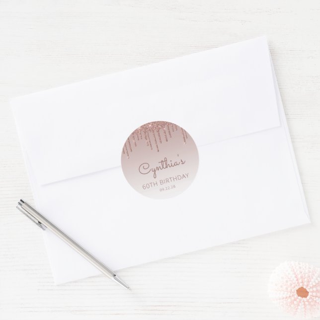 Sticker Rond Rose Gold Parties scintillant Drip 60e anniversair (Enveloppe)
