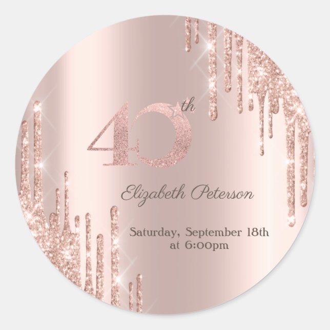 Sticker Rond Rose Gold Parties scintillant Drips 40e fête d'ann (Devant)