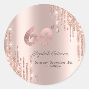 Sticker Rond Rose Gold Parties scintillant Drips 60e fête d'ann