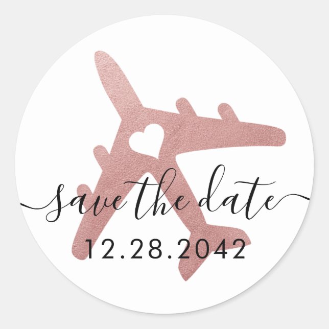 Sticker Rond Rose Gold Pink Avion Destination Enregistrer la da (Devant)