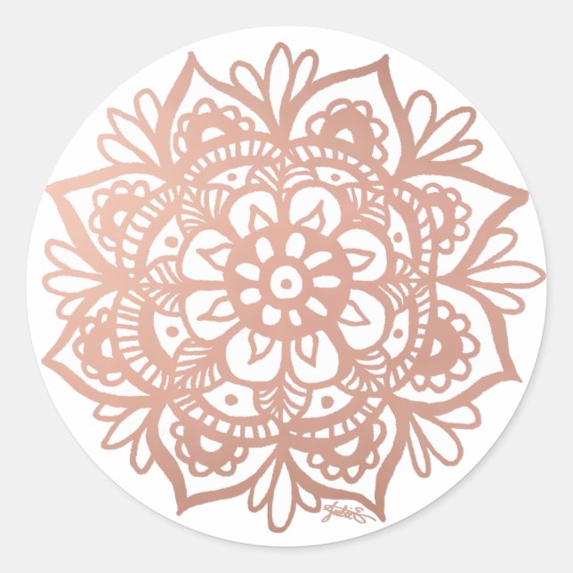 Sticker Rond Rose Gold Pink Mandala Fleur (Devant)