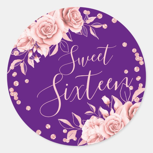 Sticker Rond Rose Gold Purple Sweet 16 Anniversaire Floral Part (Devant)