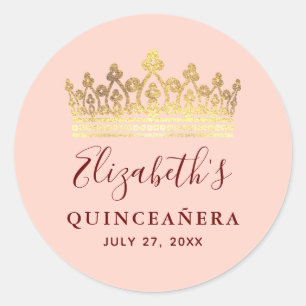 Sticker Rond Rose Gold Rose Couronne Nom élégant Quinceanera