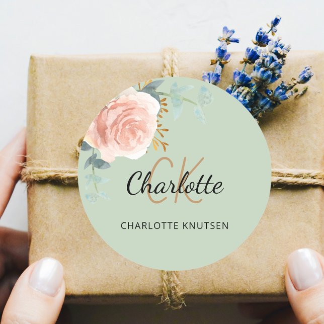 Sticker Rond Rose gold rose fleurie vert sauge merci (Créateur téléchargé)