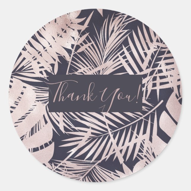 Sticker Rond Rose Gold Rose Foncé Feuilles de Palmier Tropical (Devant)