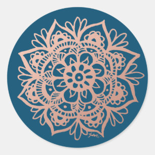 Sticker Rond Rose Gold Rose Mandala sur Fond Bleu Marine