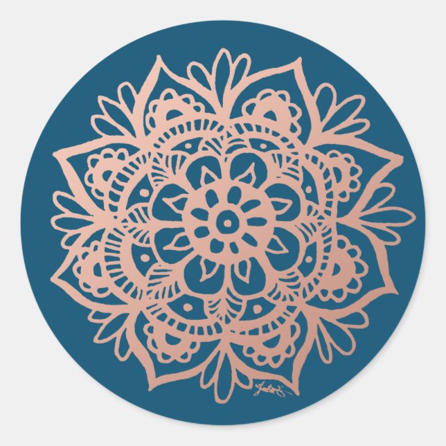 Sticker Rond Rose Gold Rose Mandala sur Fond Nuit (Devant)