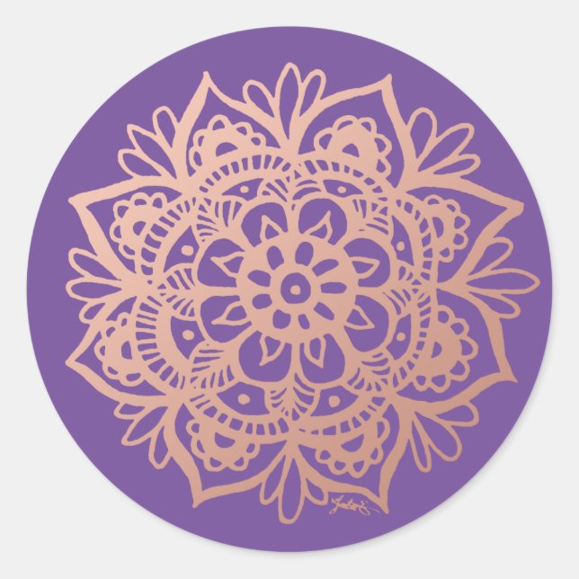 Sticker Rond Rose Gold Rose Mandala sur Fond Violet (Devant)
