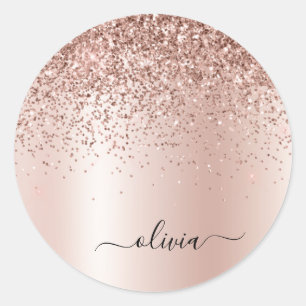 Sticker Rond Rose Gold - Rose Pâle Paillettes Métal Monogramme 