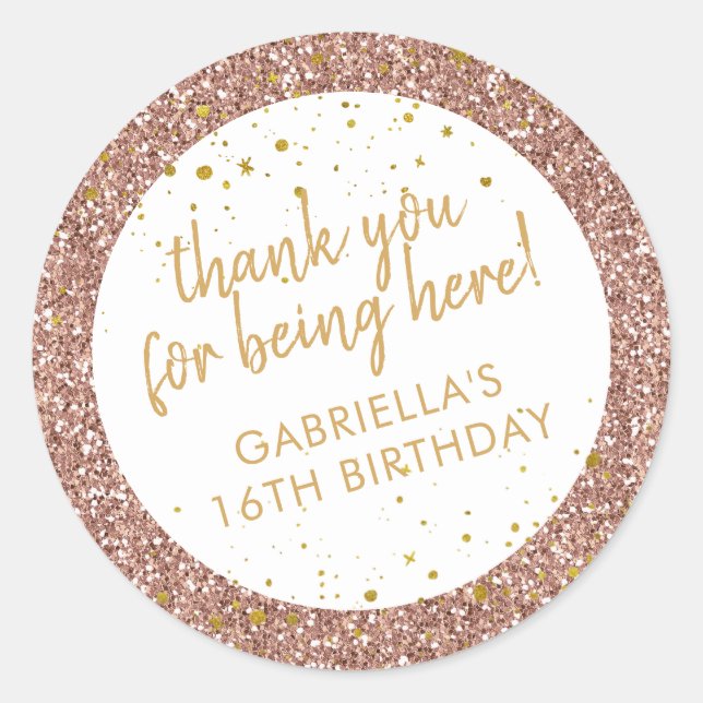 Sticker Rond Rose Gold rose Parties scintillant Merci Anniversa (Devant)