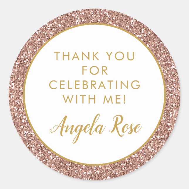Sticker Rond Rose Gold Rose Parties scintillant Merci Parti Fav (Devant)