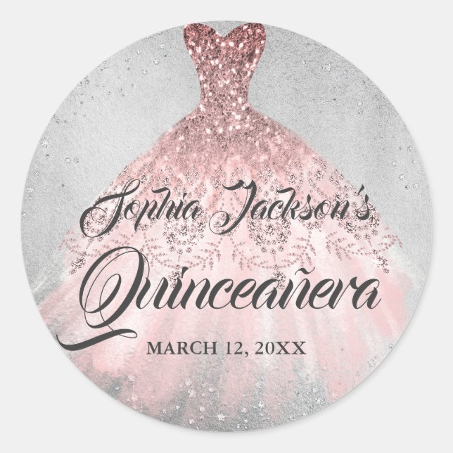 Sticker Rond Rose Gold Silver Diamond Sparkle Gown Quinceanera (Devant)