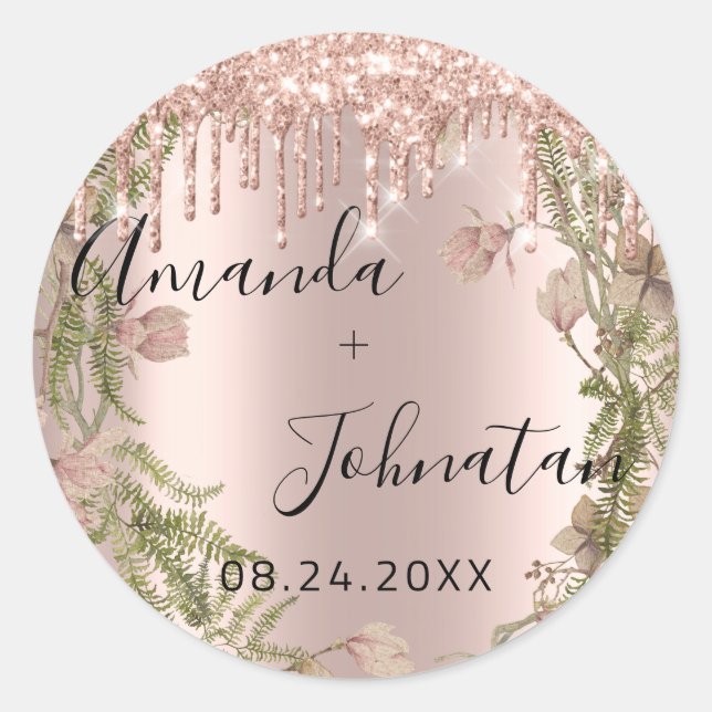 Sticker Rond Rose Gold Simplement Nom Date Floral Drips (Devant)