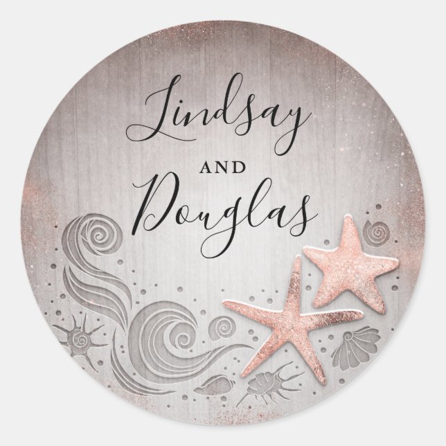 Sticker Rond Rose Gold Starfish Nautical Beach Mariage (Devant)