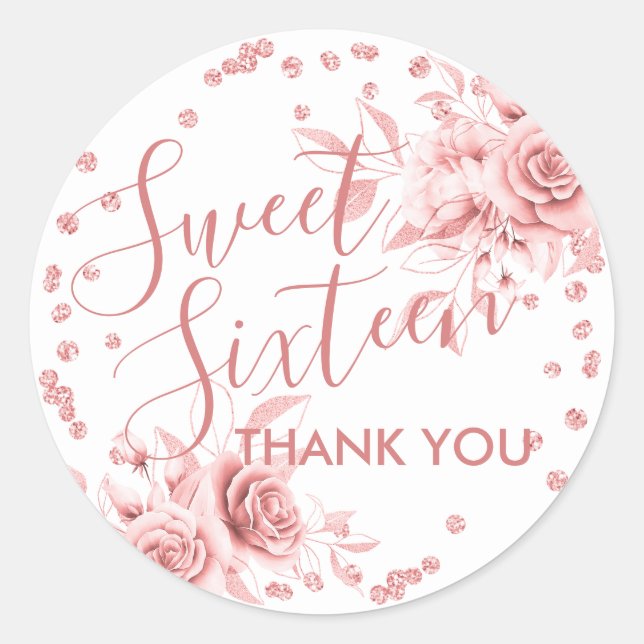 Sticker Rond Rose Gold Sweet 16 Merci Parties scintillant flora (Devant)