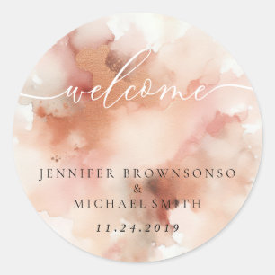 Sticker Rond Rose Gold Tons Terreux Bienvenue Mariage Aquarelle