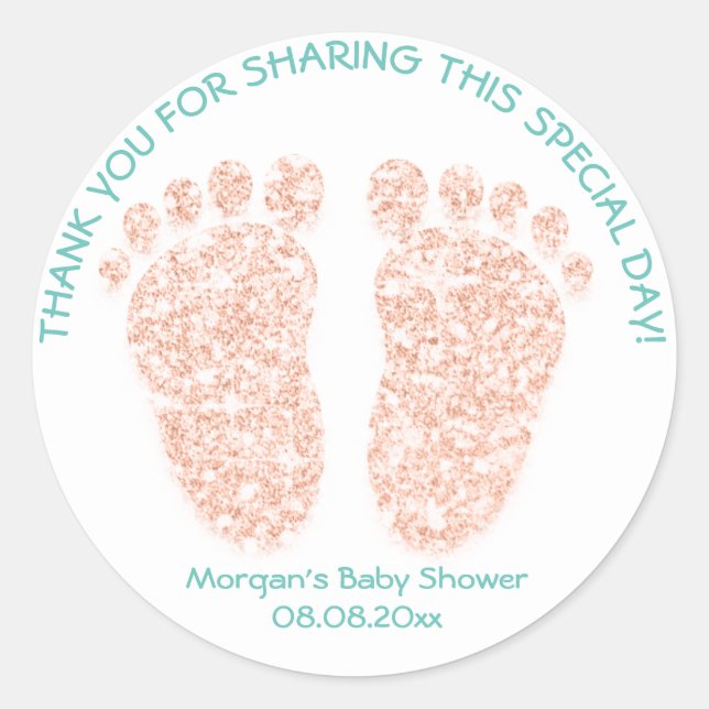 Sticker Rond Rose GoldGlitter Pieds Baby shower Favoriser Cadea (Devant)