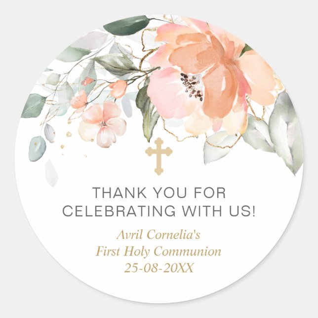 Sticker Rond Rose Green Foliage Première communion Baptême (Devant)