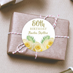 Sticker Rond Rose jaune et fleurs Feuilles 80e anniversaire