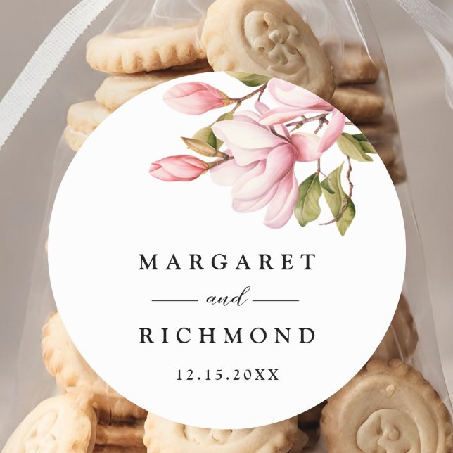 Sticker Rond Rose Magnolia Elegant Aquarelle Mariage Floral (Créateur téléchargé)