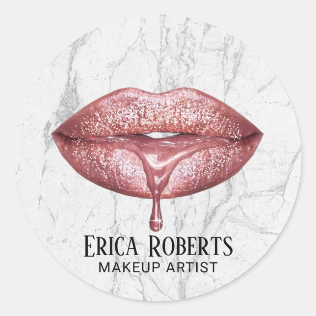 Sticker Rond Rose maquillage Marbre blanc de lèvres gouttes or (Devant)