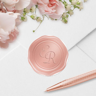 Sticker Rond Rose Mariage d'or Monogramme Faux Cire Sceau