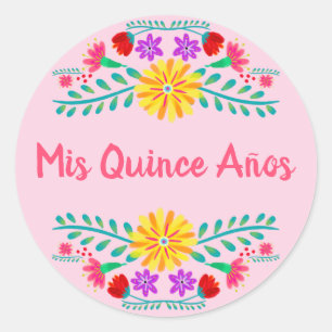 Sticker Rond Rose Mes Quinze Ans Fête Mexicaine Fleurs