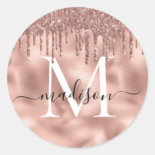 Sticker Rond Rose métallique Monogramme Parties scintillant ro