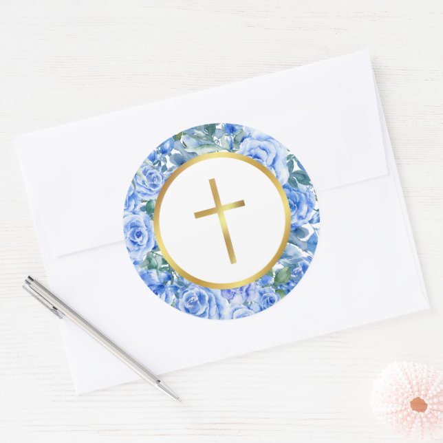 Sticker Rond Rose moderne Dusty Blue Aquarelle or brut (Enveloppe)