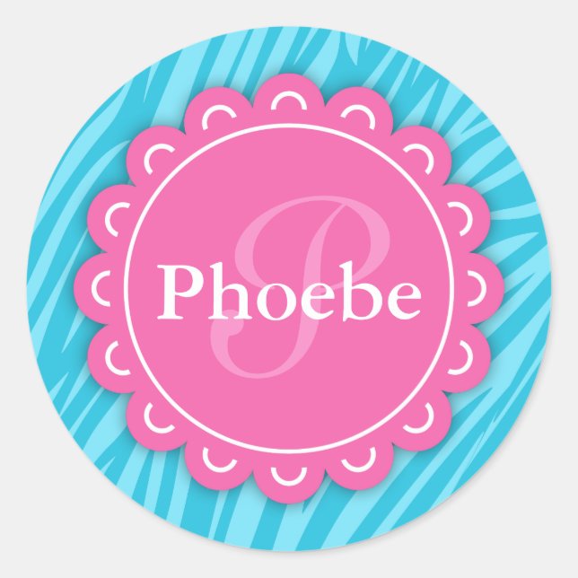 Sticker Rond Rose Moderne Fleur Monogramme Aqua Blue Zebra Impr (Devant)