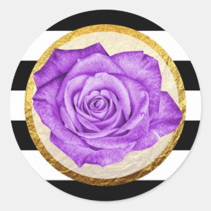 Sticker Rond Rose moderne violet  Faux Gold Foil Mariage rayé