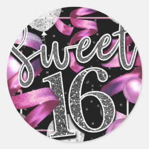 Sticker Rond Rose Noir Argent Faux Paillettes Regard Douce 16