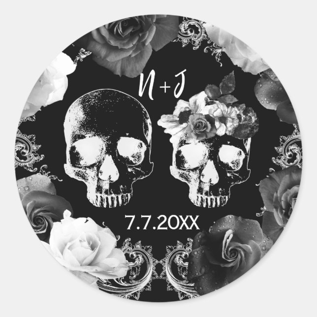 Sticker Rond Rose noir blanc squelette crâne Mariage gothique (Devant)