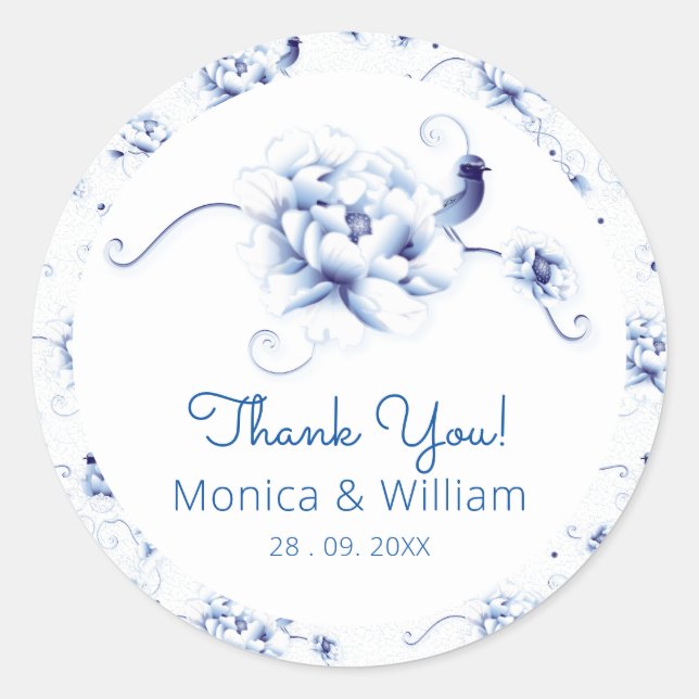 Sticker Rond Rose Oiseau Bleu Chinoiserie Florale (Devant)