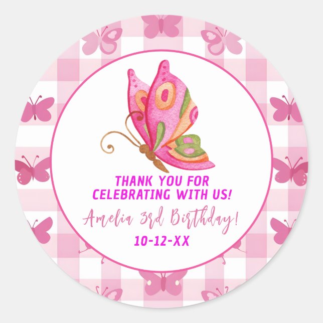 Sticker Rond Rose or violet élégant papillon fille anniversaire (Devant)