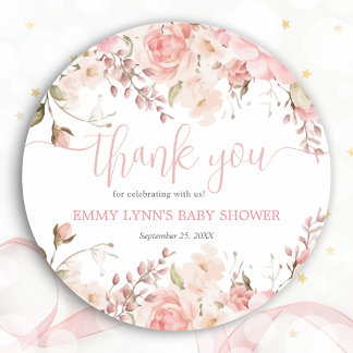 Sticker Rond Rose Pâle Bébé En Fleur Remerciement Baby Shower 