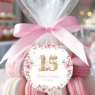 Sticker Rond Rose Pâle Doré Mis Quince Quinceañera 
