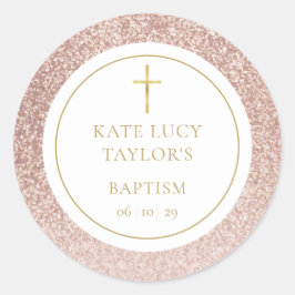 Sticker Rond Rose Parties scintillant or Baptême Christening