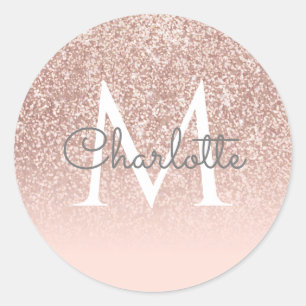 Sticker Rond Rose Parties scintillant or Blush rose Monogramme 