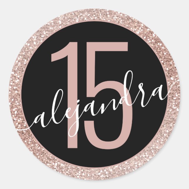 Sticker Rond Rose Parties scintillant Or Ombre Black Quince Año (Devant)