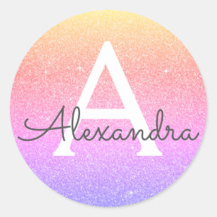 Sticker Rond Rose - Parties scintillant violette et Monogramme 